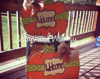 Welcome Pumpkin sign Wood Cut Out Door Hanger