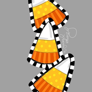 Può includere: Tre illustrazioni di mais caramellato con bordi a strisce bianche e nere. Il mais caramellato è giallo, arancione e bianco.