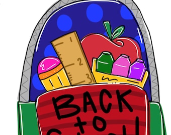 May include: A colorful illustration of a backpack filled with school supplies. The backpack is red, green, and blue with the words "BACK TO SCHOOL!" in black. Inside are an apple, pencils, rulers, and bottles.