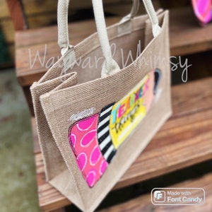 Teacher pencil Hand painted jute canvas tote bag reusable tote purse diaper bag imagem 4
