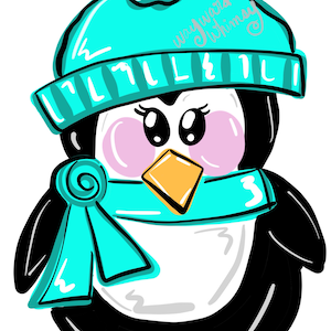 Puede incluir: Un pingüino de dibujos animados con un gorro a rayas azul y blanco con un pompón azul y una bufanda azul. El pingüino tiene plumas negras y blancas, patas naranjas y mejillas rosadas.