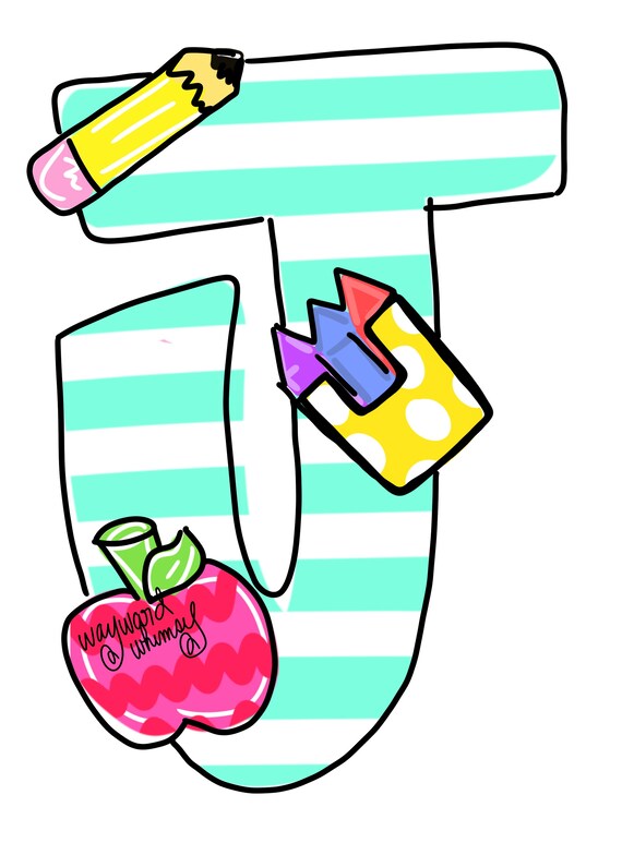 letter j with school supplies whimsical font door hanger etsy