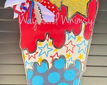 Patriotic Popsicle- USA- America - Fourth of July wooden door hanger - handpainted