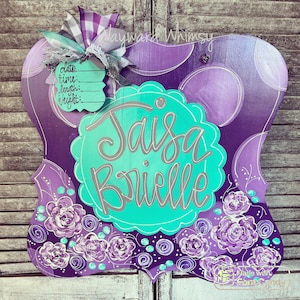 Purple and teal Floral Baby Hospital Door Nursery Wood Cut Out Door Hanger