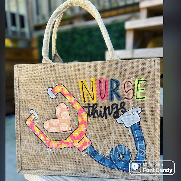 Nurse things  Hand painted jute canvas tote bag- reusable tote- purse- diaper bag- Mom bag- lunch bag- snack bag