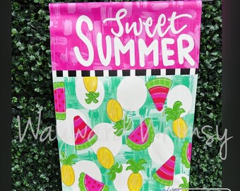 Sweet Summer fruity Garden flag- hello- welcome- 12x18 double sided printed vinyl garden flag- pineapple- watermelon