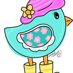 May include: A cartoon blue bird wearing a pink and white striped hat with a yellow flower, a white apron with pink flowers, and yellow rain boots. The bird is standing on a white background. The text "wayward whimsy" is written on the bottom right corner of the image.