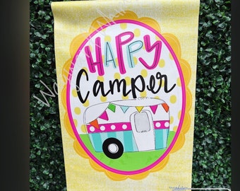 Happy Camper Garden flag- hello- welcome- 12x18 double sided printed vinyl garden flag