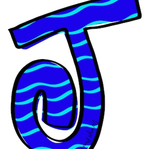 May include: A blue and turquoise letter J with a wavy pattern. The letter is outlined in black.