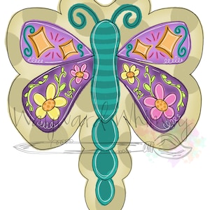 May include: A whimsical, hand-painted dragonfly with purple wings, teal body, and yellow and pink flowers. The dragonfly is on a beige background with a subtle pattern.