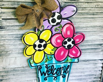 Flower Pot with 3 flowers Wood Cut Out Door Hanger