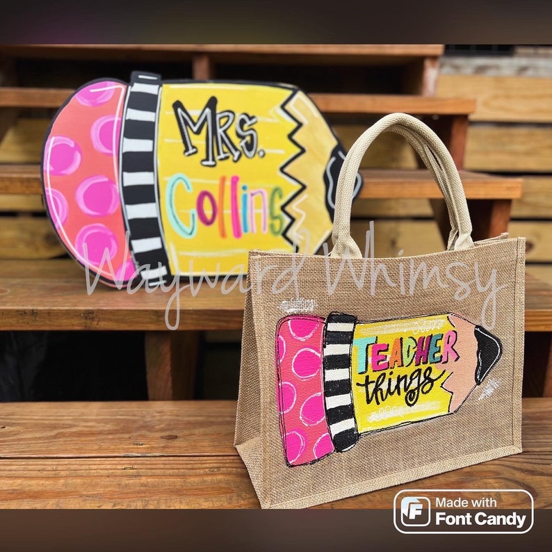 Teacher pencil Hand painted jute canvas tote bag reusable tote purse diaper bag image 5