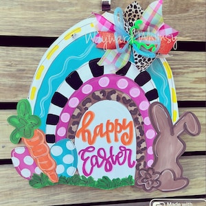 Happy Easter rainbow Easter bunny Wooden Door Hanger- Easter bunny- Easter eggs- door sign