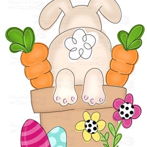 May include: A white bunny rabbit with a brown flower on its back sits in a brown flower pot. The bunny is holding two orange carrots with green tops. There are two Easter eggs, one pink and white striped and one blue and white polka dotted, and a yellow flower with black polka dots on the pot.