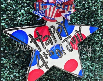 HAPPY 4th of JULY STAR Patriotic Wood Cut Out Door Hanger