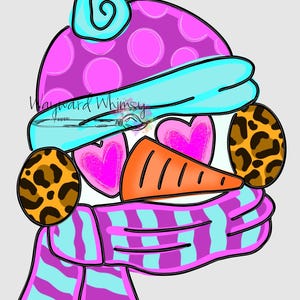 May include: A pink and blue snowman with a pink polka dot hat, a blue scarf, and leopard print eyes. The snowman has a carrot nose and two pink hearts for eyes.