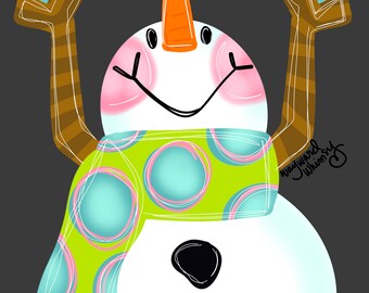 May include: A whimsical snowman illustration with a carrot nose, holding a banner that reads "Let it Snow". The snowman has a green scarf with blue and pink polka dots, brown stick arms, and black coal buttons.