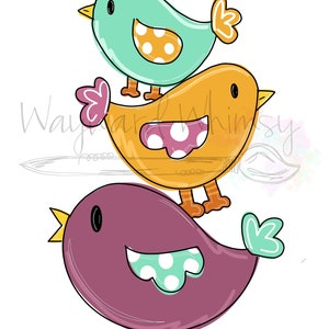 May include: Three cartoon birds stacked on top of each other. The bottom bird is purple with white polka dots on its teal wing. The middle bird is yellow with pink polka dots on its teal wing. The top bird is teal with orange polka dots on its wing.