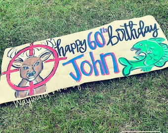 Hunting and Fishing theme Hand painted custom party banner- Birthday Banner- Kraft paper banner- party decor- party sign- backdrop