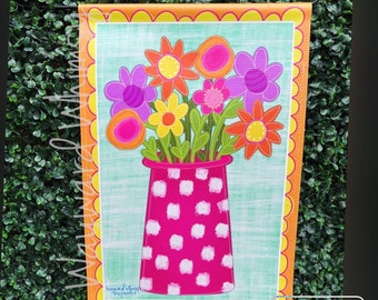 Pink Flower Vase Garden flag- hello- welcome- 12x18 double sided printed vinyl garden flag