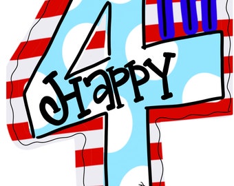 Op de afbeelding: Een blauw en wit gestippeld nummer vier met het woord "Happy" in zwarte cursieve letters en "th" in blauw op een rood-wit gestreepte achtergrond.