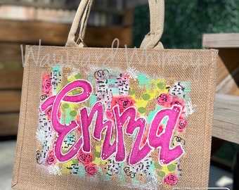 Personalized with abstract background Hand painted jute canvas tote bag- reusable tote- purse- diaper bag