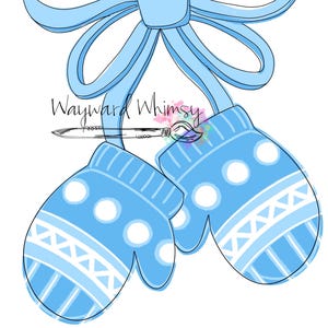 May include: A pair of blue mittens with white polka dots and a white geometric pattern. A blue bow is tied around the mittens.