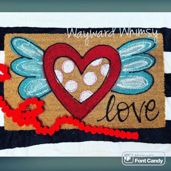 Ready to ship Painted Coir Doormat- heart with wings-  heart door mat 30x17- porch mat- front door mat