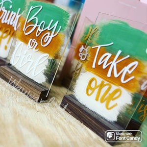 May include: Clear acrylic signs with white lettering on a wooden base. The signs have a painted background in green, orange, and white. One sign reads "Boy or Girl", and another reads "Take one".