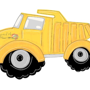 May include: A yellow dump truck illustration with black tires and gray wheel hubs. The truck has a rectangular bed and a cab with a window. The text "Wayward Whimsy" is on the side of the truck.