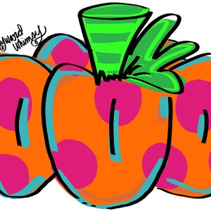 May include: Orange pumpkin with pink polka dots and a green stem. The pumpkin is outlined in blue.