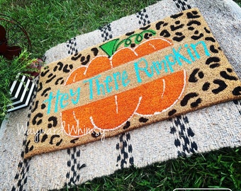 Painted Coir Doormat- Hey There Pumpkin- Fall decor-  30x17- porch mat- front door mat