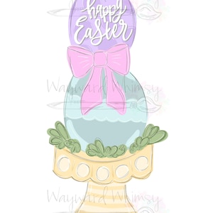 May include: An Easter-themed illustration of an egg-shaped object on a stand. The egg is light blue with a pink bow and a purple top with the words "happy Easter". The stand is yellow with a scalloped edge and green accents.