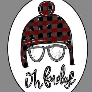 May include: A white oval sticker with a black outline. The sticker features a cartoon illustration of a person wearing a red and black plaid hat with a pom-pom on top and glasses. The text "oh fudge" is written in black cursive below the illustration.