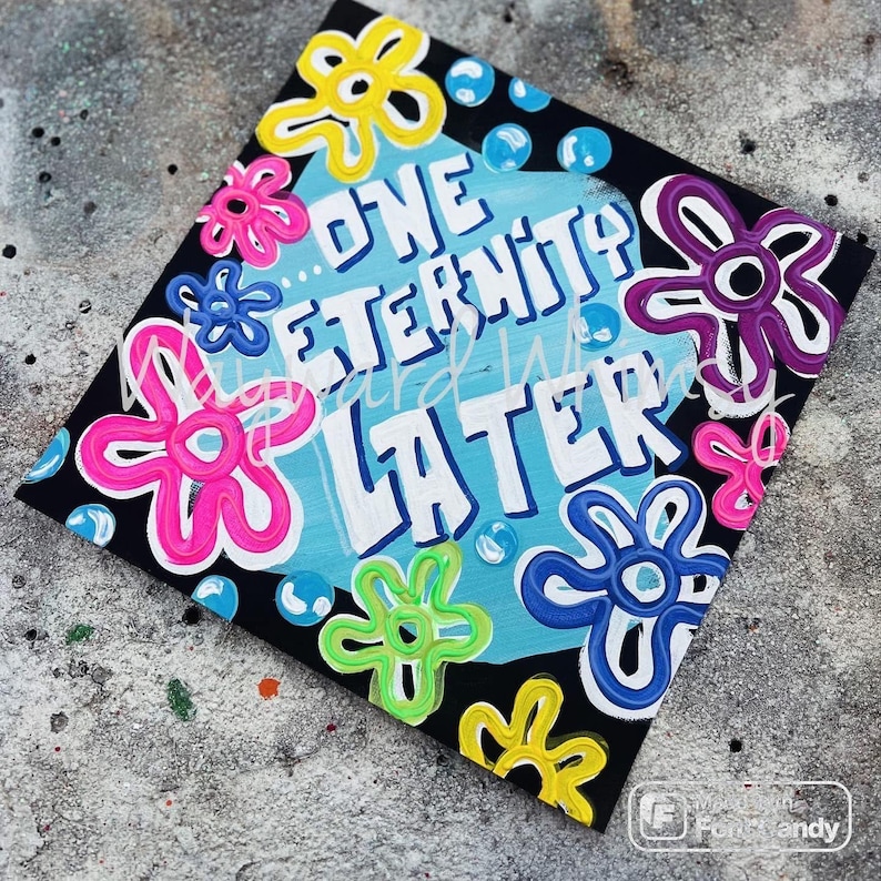 May include: A black and blue background with the text "...ONE ETERNITY LATER" in white. The background is decorated with colorful flowers in pink, yellow, green, and purple.