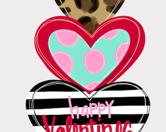 May include: Three stacked hearts with different patterns. The top heart is brown with a leopard print. The middle heart is red with a pink and turquoise polka dot pattern. The bottom heart is black and white striped with the text "happy valentines day" in pink and red.