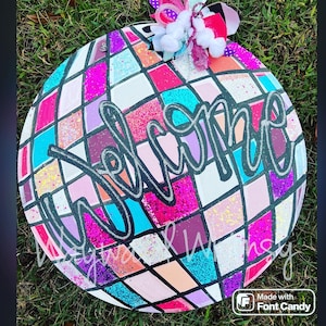 Disco ball Welcome sign Wood Cut Out Hanger