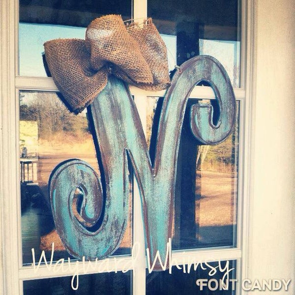 Rustic Distressed any Color Cursive Alphabet  Wood Cut Out Hanger
