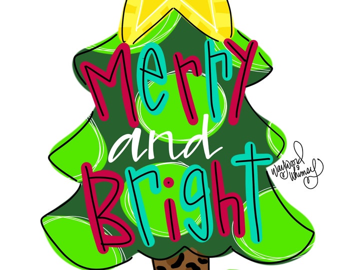 Merry and Bright Christmas Tree Door Hanger Downloadable File Printable