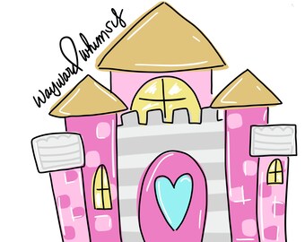 May include: A pink and gray castle with a heart-shaped door and a yellow window. The castle has a gold roof and is decorated with white and pink squares. The text "Wayward Whimsy" is written in black cursive on the top left of the image.