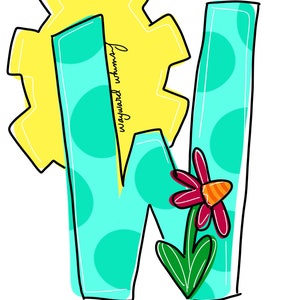 Plantilla imprimible y descargable para colgar en la puerta con la letra W de primavera