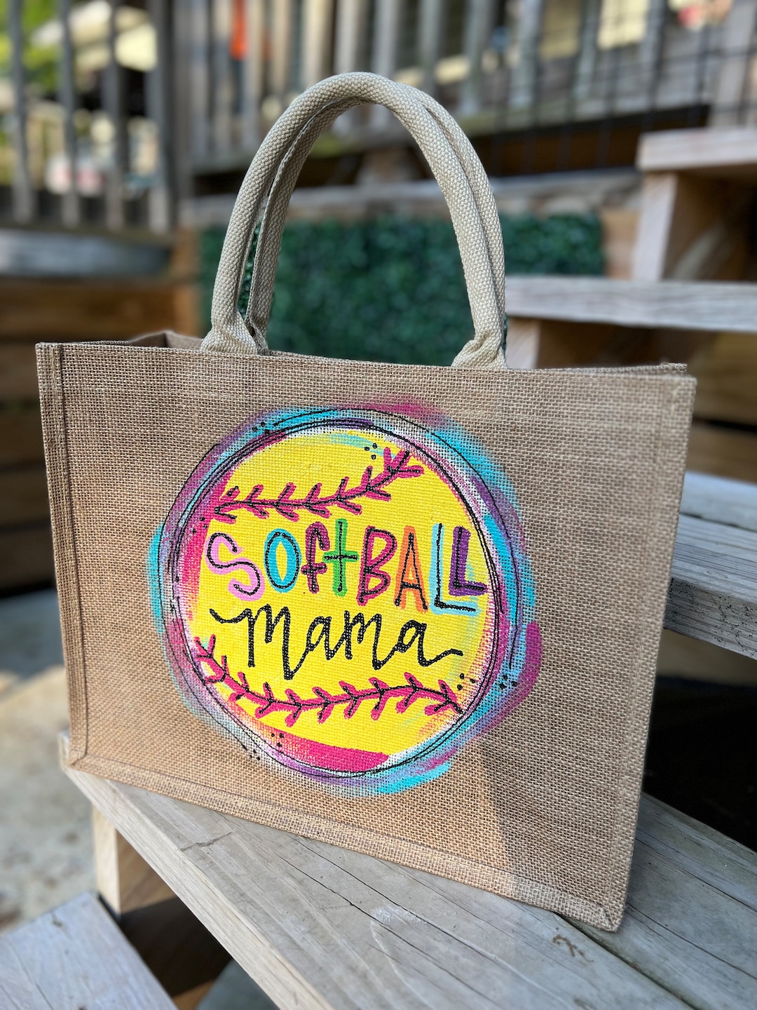 Softball Baseball Ballpark Hand Painted Jute Canvas Tote Bag Reusable