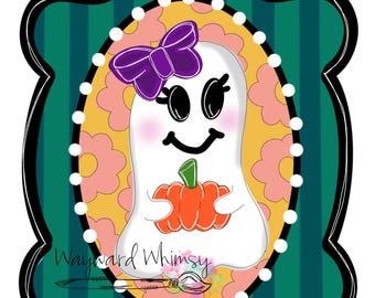 May include: A whimsical illustration of a friendly ghost holding an orange pumpkin. The ghost has a purple bow, rosy cheeks, and a smiling face. The design is set within a decorative frame with a striped green background and floral accents. The text "Wayward Whimsy" is at the bottom.