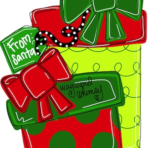 Può includere: Un mucchio di tre regali di Natale avvolti in carta rossa, verde e gialla con fiocchi verdi e rossi. Il regalo in cima ha un'etichetta che dice "Da: Babbo Natale". Il regalo in mezzo ha un'etichetta che dice "Wayward & Whimsy".