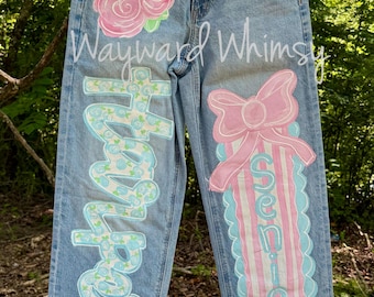 Handpainted Denim Jeans- you customize- you supply jeans- painted jeans- senior jeans