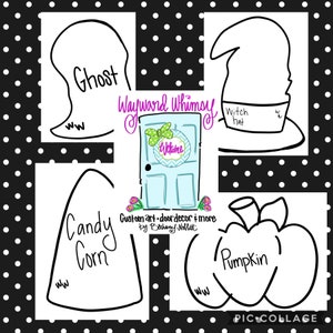 以下が含まれることがあります： ゴースト、魔女の帽子、キャンディーコーン、パンプキン、ウェルカムサインのついたドアなど、ハロウィーンをテーマにした5つのステンシルセット。ステンシルは白で黒で縁取られています。画像の上部には「Wayward Whimsy」というテキストが筆記体で書かれています。