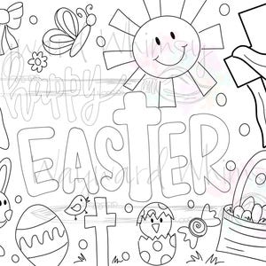 May include: A black and white coloring page with the words "Happy Easter" and various Easter-themed images, including a bunny, a cross, a sun, a butterfly, an egg, and a basket of eggs.