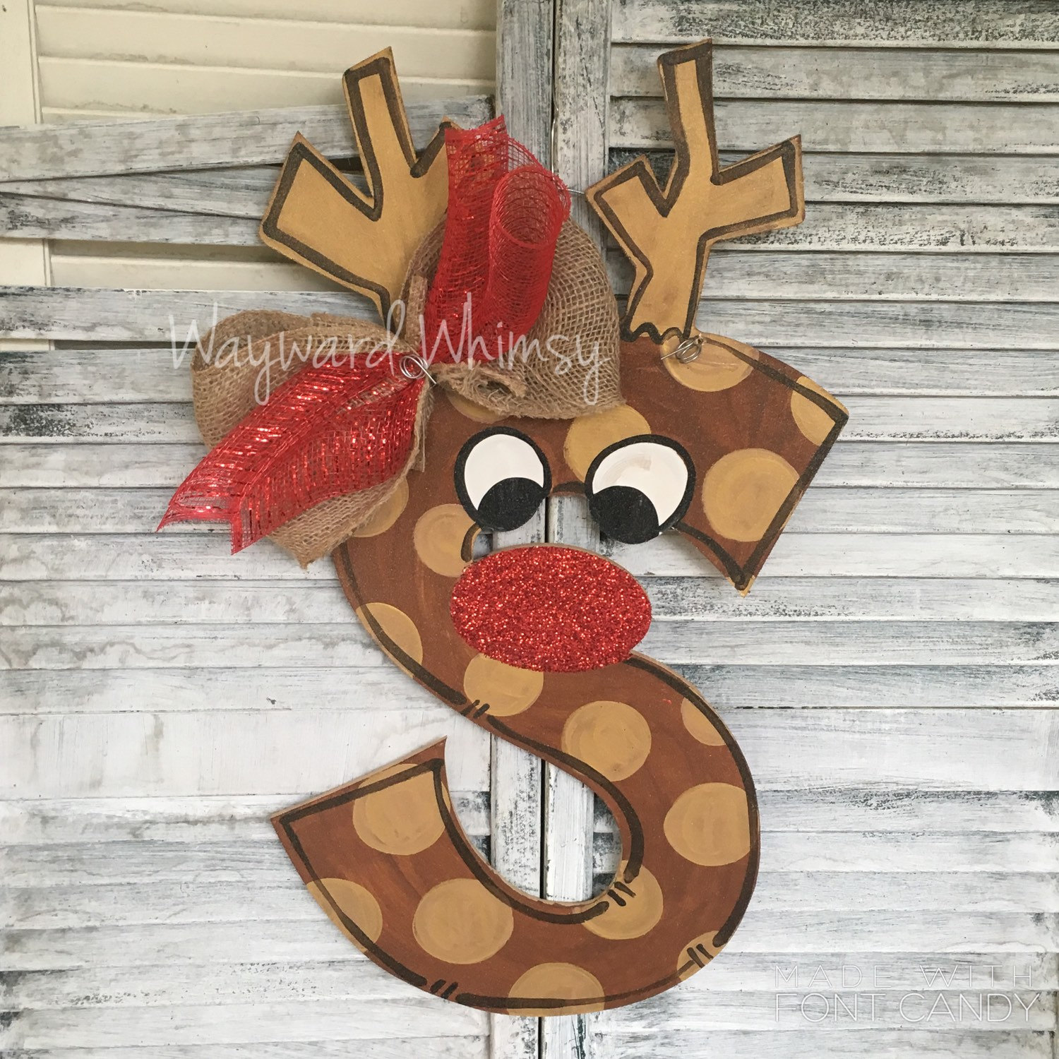 Rudolph Block Letters Alphabet With Rudolph Face and Glitter Nose Wood Cut Out Door Hanger - Etsy