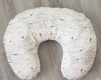Aviation Nursing Pillow Cover: Gray Airplane Map, Soft Minky