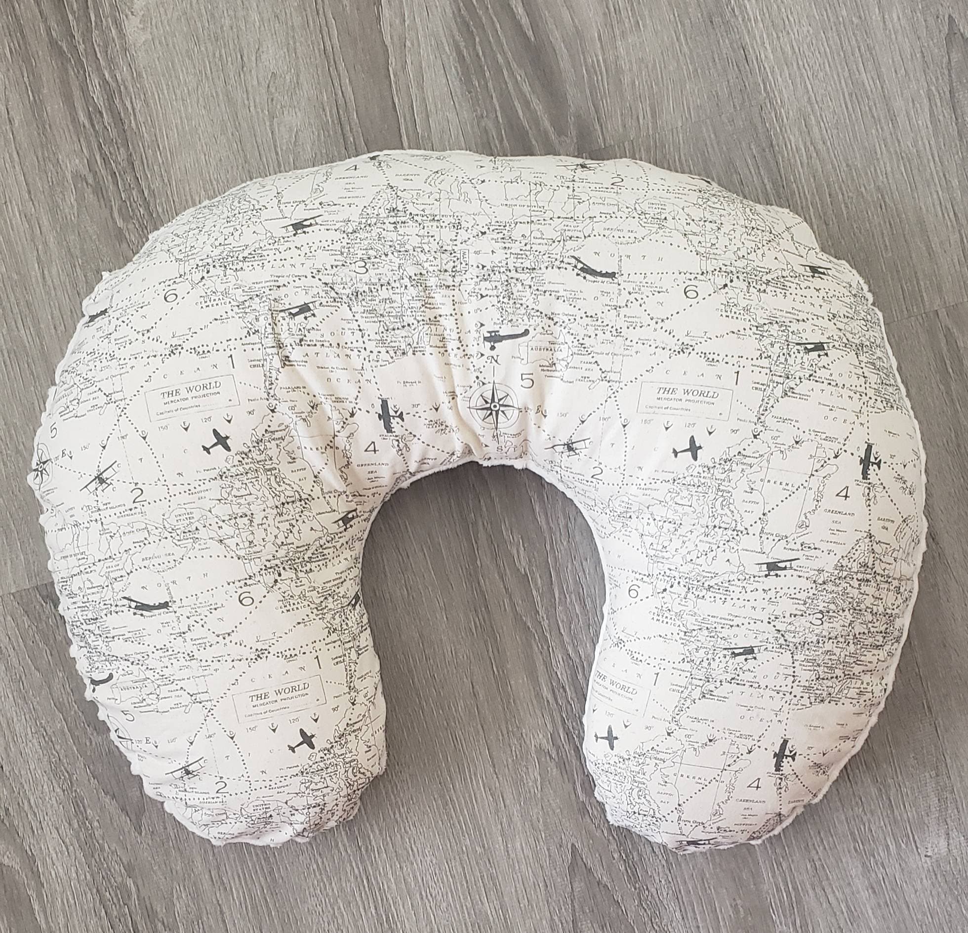 Airplane Gray and Beige Nursing Pillow Cover Aviation Minky Neutral Color Gender Neutral Nursing Accessories Map Atlas Travel Etsy